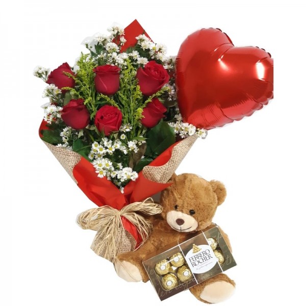 buquê 6 rosas balão coração urso e chocolate ferreiro com 8 unidades