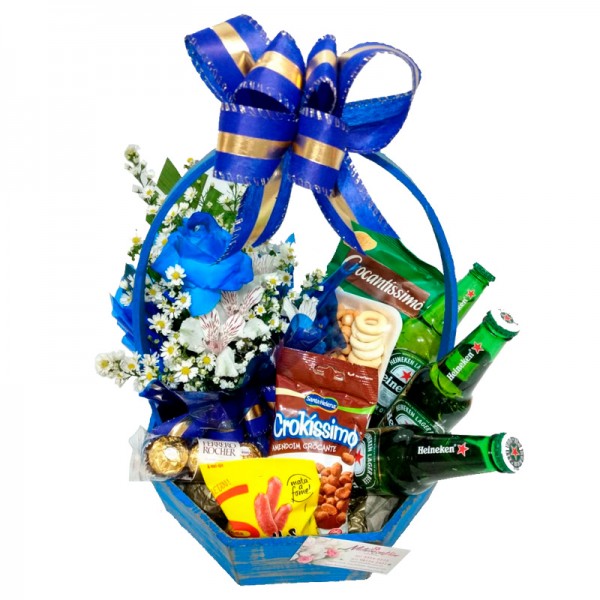 Cesta de cerveja e flores (azul)